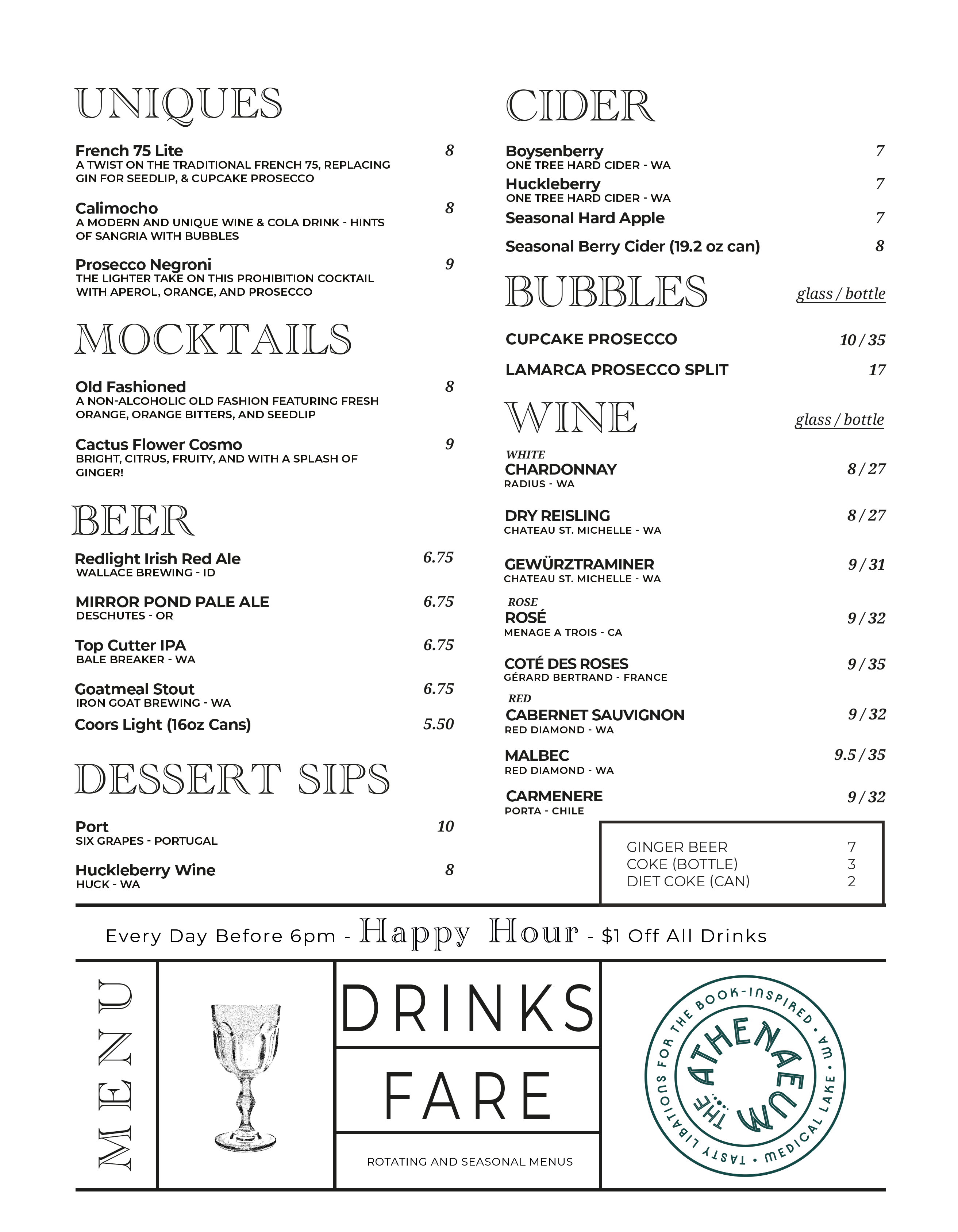 Athenaeum Drink Menu
